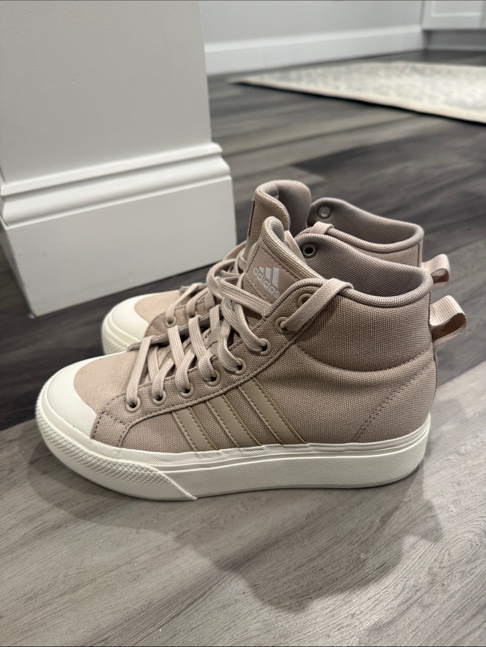 adidas Woman’s  High-Top Sneakers in Light Taupe and White